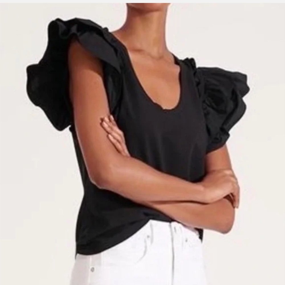 Veronica Beard Jeans black mirage combo ruffle sleeve scoop neck tee size small